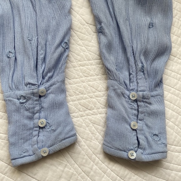 Free People Wishful Moments Tie Neck Blouse Embroidered Light Blue Oversized XS - Picture 5 of 16